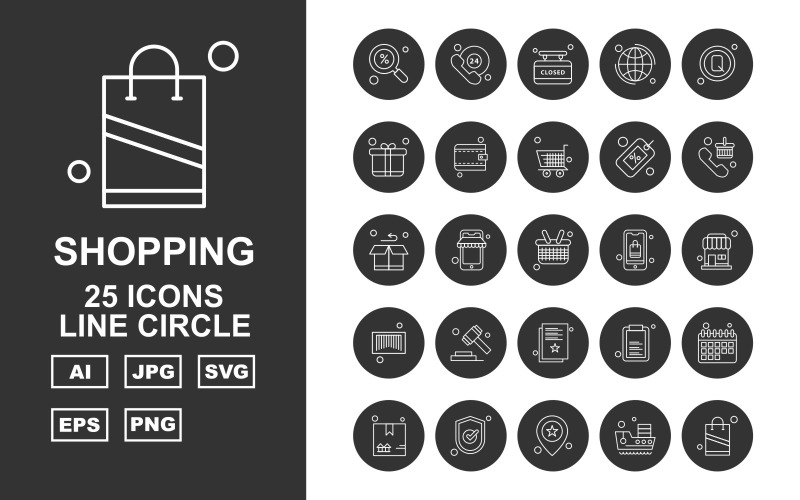 Download Набор иконок "25 Premium Shopping Line Circle Icon Set" / 25 Premium Shopping Line Circle Icon Set - Набор иконок на тему shopping find,phone,document,calendar,box,tick,location,ship,shopping bag,24 hours alert,closed,earth,search,gift box,wallet,trolley,label,telephone,icon,icons