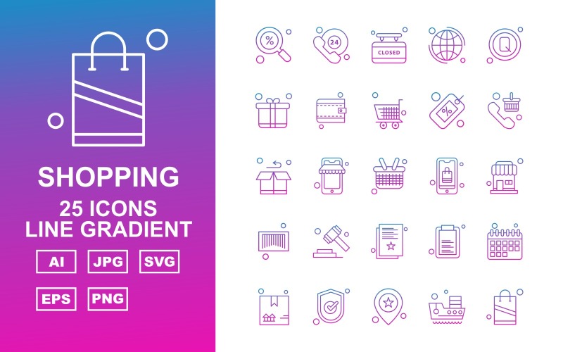 Download Набор иконок "25 Premium Shopping Line Gradient Icon Set" / 25 Premium Shopping Line Gradient Icon Set - Набор иконок на тему shopping find,phone,document,calendar,box,tick,location,ship,shopping bag,24 hours alert,closed,earth,search,gift box,wallet,trolley,label,telephone,icon,icons