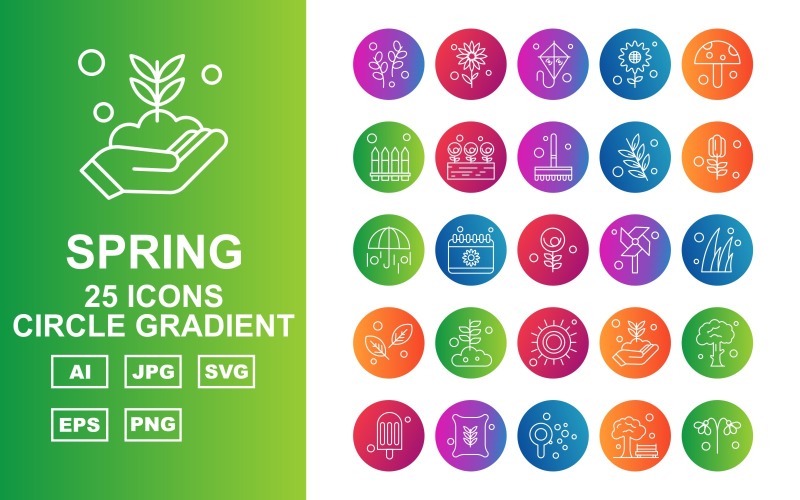 Download Набор иконок "25 Premium Spring Circle Gradient Icon Set" / 25 Premium Spring Circle Gradient Icon Set - Набор иконок на тему weather plant,calendar,flower,tree,ice cream,fertilizer,thermometer,kite,sunflower,mushroom,garden,rose,brush,umbrella,windmill,grass,leave,sun,icon,icons