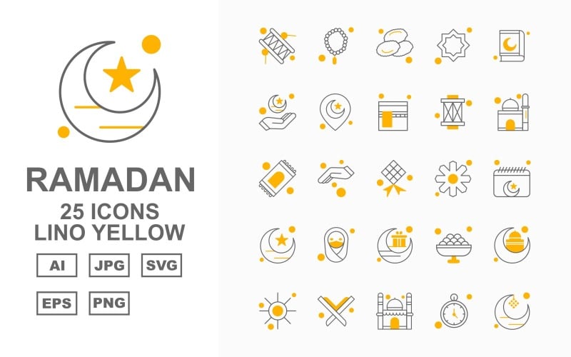 25 Premium żółty zestaw ikon Ramadan Lino
