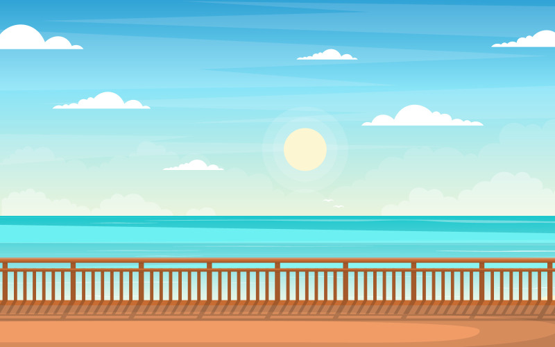 Download Иллюстрация "Blue Sea Landscape - Illustration" / Blue Sea Landscape - Illustration - Иллюстрация на тему графика ship,cruise,deck,vector,seagull,background,ocean,passenger,sea,style,summer,view,landscape,front,adventure,sailing,horizon,cloud,season,day