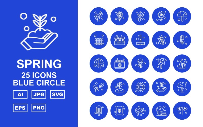 25 Conjunto de ícones de círculo azul de primavera premium