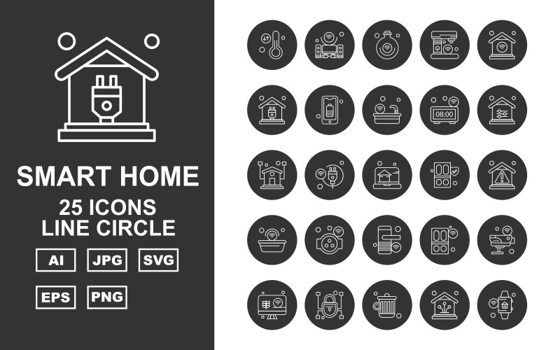 25 Conjunto de ícones de círculo de linha doméstica inteligente premium