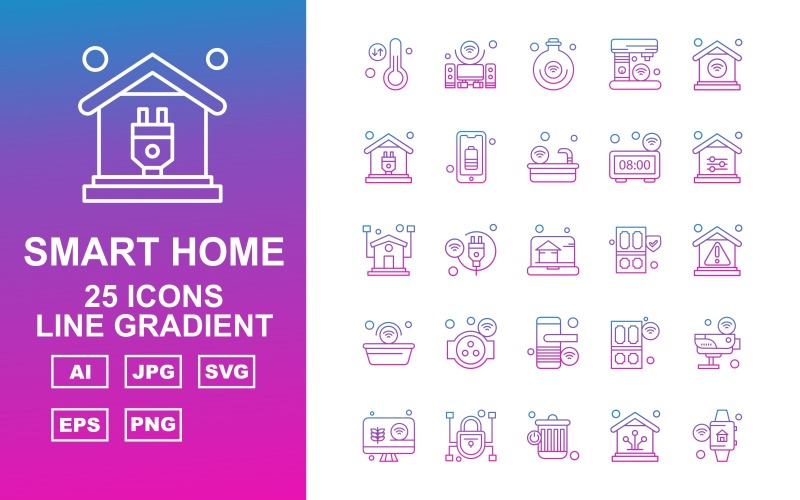 25 Conjunto de ícones de gradiente de linha doméstica inteligente premium