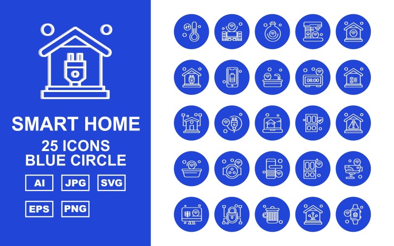 25 преміум розумний будинок синій коло набір іконок