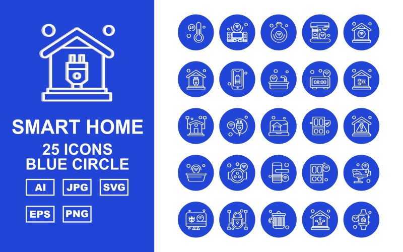 Download Набор иконок "25 Premium Smart Home Blue Circle Icon Set" / 25 Premium Smart Home Blue Circle Icon Set - Набор иконок на тему network thermometer,cable,door,camera,lcd,lock,recycle,home,smart home,speaker,bulb,coffee machine,wifi,plug,bettery,bathtub,clock,icon,icons,danger