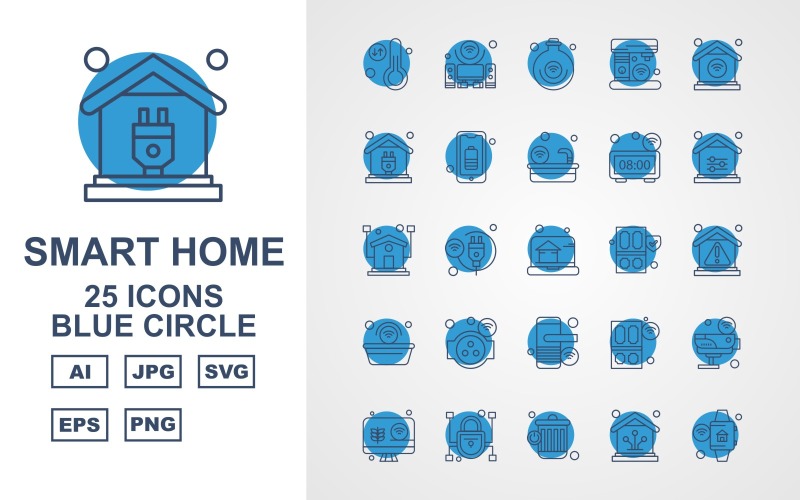 Download Набор иконок "25 Premium Smart Home Blue Circle Icon Set" / 25 Premium Smart Home Blue Circle Icon Set - Набор иконок на тему network thermometer,cable,door,camera,lcd,lock,recycle,home,smart home,speaker,bulb,coffee machine,wifi,plug,bettery,bathtub,clock,icon,icons,danger