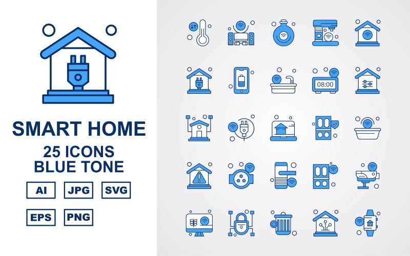 Download Набор иконок "25 Premium Smart Home Blue Tone Icon Set" / 25 Premium Smart Home Blue Tone Icon Set - Набор иконок на тему network thermometer,cable,door,camera,lcd,lock,recycle,home,smart home,speaker,bulb,coffee machine,wifi,plug,bettery,bathtub,clock,icon,icons,danger