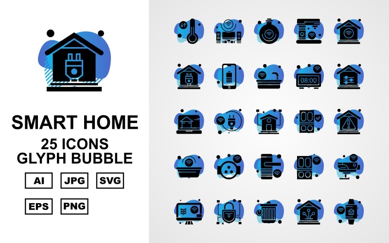 Download Набор иконок "25 Premium Smart Home Glyph Bubble Icon Set" / 25 Premium Smart Home Glyph Bubble Icon Set - Набор иконок на тему network thermometer,cable,door,camera,lcd,lock,recycle,home,smart home,speaker,bulb,coffee machine,wifi,plug,bettery,bathtub,clock,icon,icons,danger