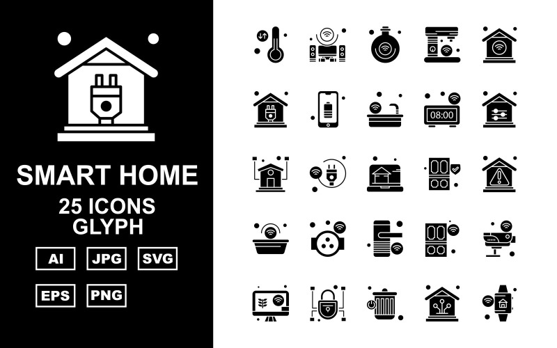 Download Набор иконок "25 Premium Smart Home Glyph Icon Set" / 25 Premium Smart Home Glyph Icon Set - Набор иконок на тему network thermometer,cable,door,camera,lcd,lock,recycle,home,smart home,speaker,bulb,coffee machine,wifi,plug,bettery,bathtub,clock,icon,icons,danger