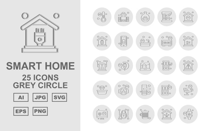 Download Набор иконок "25 Premium Smart Home Grey Circle Icon Set" / 25 Premium Smart Home Grey Circle Icon Set - Набор иконок на тему network thermometer,cable,door,camera,lcd,lock,recycle,home,smart home,speaker,bulb,coffee machine,wifi,plug,bettery,bathtub,clock,icon,icons,danger