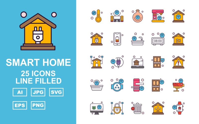 Download Набор иконок "25 Premium Smart Home Line Filled Icon Set" / 25 Premium Smart Home Line Filled Icon Set - Набор иконок на тему network thermometer,cable,door,camera,lcd,lock,recycle,home,smart home,speaker,bulb,coffee machine,wifi,plug,bettery,bathtub,clock,icon,icons,danger