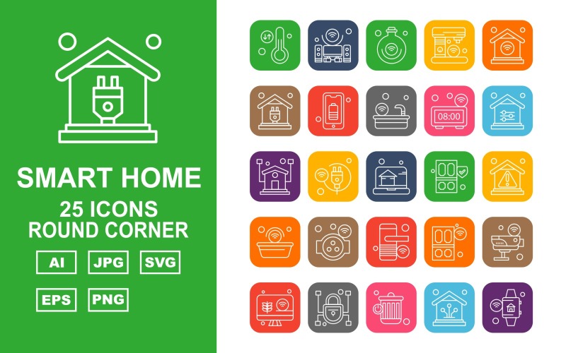 Download Набор иконок "25 Premium Smart Home Round Corner Icon Set" / 25 Premium Smart Home Round Corner Icon Set - Набор иконок на тему network thermometer,cable,door,camera,lcd,lock,recycle,home,smart home,speaker,bulb,coffee machine,wifi,plug,bettery,bathtub,clock,icon,icons,danger