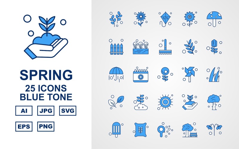 Download Набор иконок "25 Premium Spring Blue Tone Icon Set" / 25 Premium Spring Blue Tone Icon Set - Набор иконок на тему weather plant,calendar,flower,tree,ice cream,fertilizer,thermometer,kite,sunflower,mushroom,garden,rose,brush,umbrella,windmill,grass,leave,sun,icon,icons