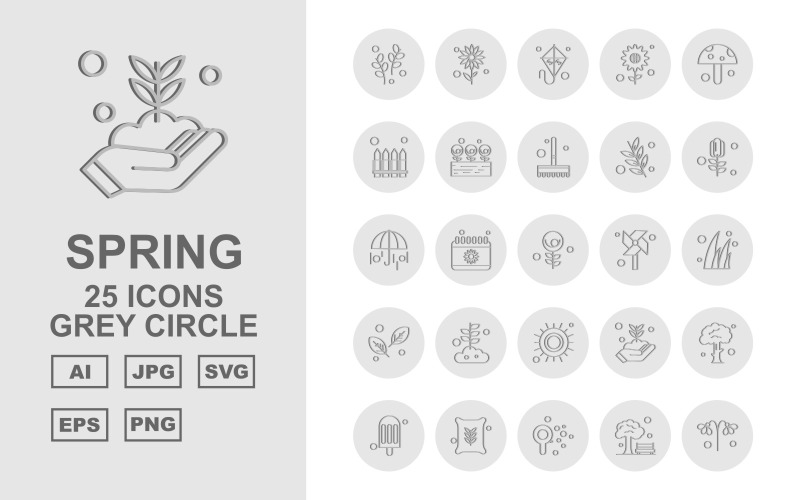 Download Набор иконок "25 Premium Spring Grey Circle Icon Set" / 25 Premium Spring Grey Circle Icon Set - Набор иконок на тему weather plant,calendar,flower,tree,ice cream,fertilizer,thermometer,kite,sunflower,mushroom,garden,rose,brush,umbrella,windmill,grass,leave,sun,icon,icons