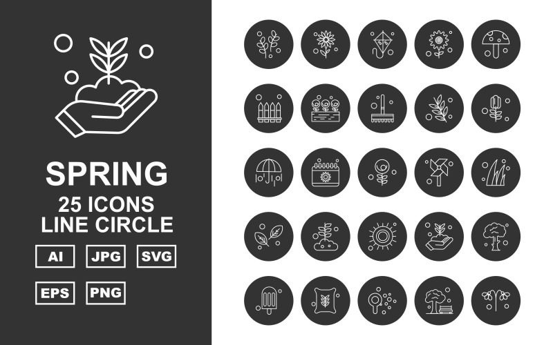 Download Набор иконок "25 Premium Spring Line Circle Icon Set" / 25 Premium Spring Line Circle Icon Set - Набор иконок на тему weather plant,calendar,flower,tree,ice cream,fertilizer,thermometer,kite,sunflower,mushroom,garden,rose,brush,umbrella,windmill,grass,leave,sun,icon,icons