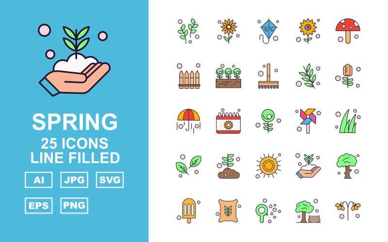 Download Набор иконок "25 Premium Spring Line Filled Icon Set" / 25 Premium Spring Line Filled Icon Set - Набор иконок на тему weather plant,calendar,flower,tree,ice cream,fertilizer,thermometer,kite,sunflower,mushroom,garden,rose,brush,umbrella,windmill,grass,leave,sun,icon,icons
