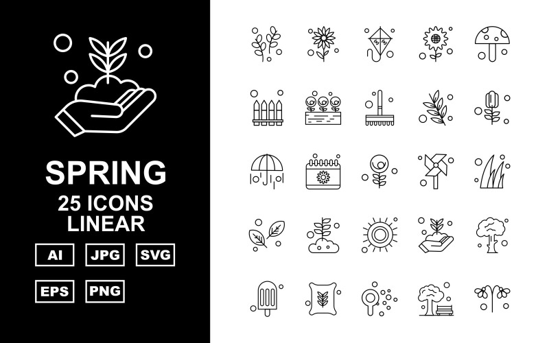 Download Набор иконок "25 Premium Spring Linear Icon Set" / 25 Premium Spring Linear Icon Set - Набор иконок на тему weather plant,calendar,flower,tree,ice cream,fertilizer,thermometer,kite,sunflower,mushroom,garden,rose,brush,umbrella,windmill,grass,leave,sun,icon,icons