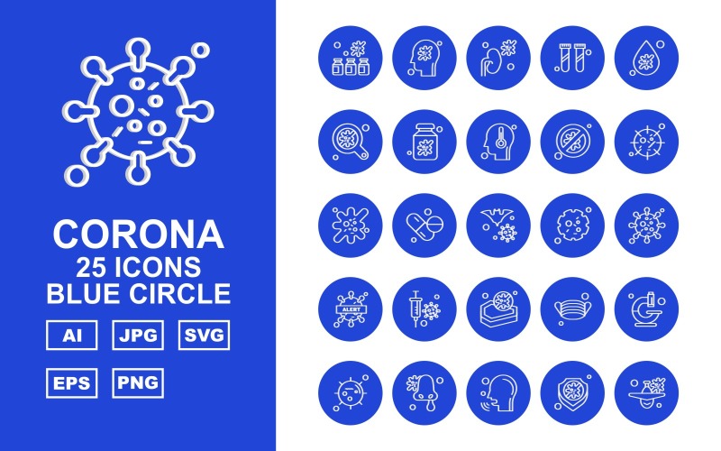 Download Набор иконок "25 Premium Corona Virus Blue Circle Icon Set" / 25 Premium Corona Virus Blue Circle Icon Set - Набор иконок на тему medical bottl,medicines,face mask,microscope,coronavirus,patient,shield,airplane,kidney,research,blood drop,search,bottle,block,covid 19,injection,icon,icons