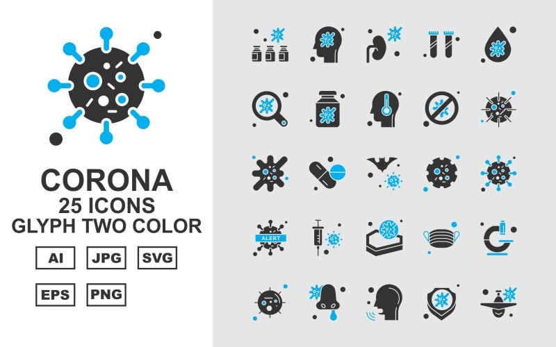 Download Набор иконок "25 Premium Corona Virus Glyph Two Color Icon Set" / 25 Premium Corona Virus Glyph Two Color Icon Set - Набор иконок на тему medical bottl,medicines,face mask,microscope,coronavirus,patient,shield,airplane,kidney,research,blood drop,search,bottle,block,covid 19,injection,icon,icons