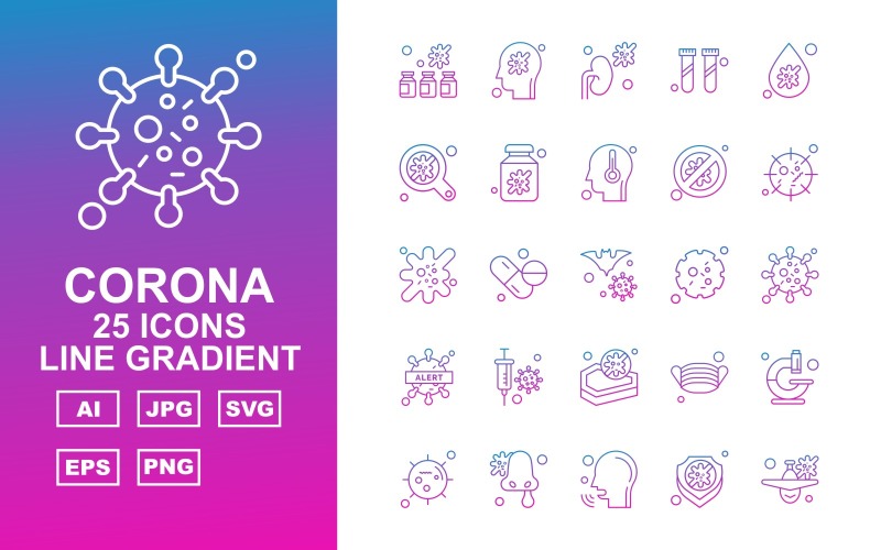 Download Набор иконок "25 Premium Corona Virus Line Gradient Icon Set" / 25 Premium Corona Virus Line Gradient Icon Set - Набор иконок на тему medical bottl,medicines,face mask,microscope,coronavirus,patient,shield,airplane,kidney,research,blood drop,search,bottle,block,covid 19,injection,icon,icons