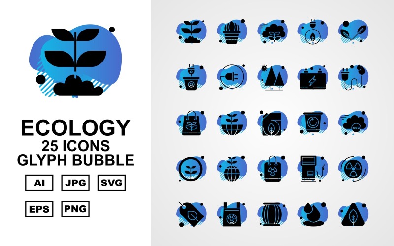 Download Набор иконок "25 Premium Ecology Glyph Bubble Icon Set" / 25 Premium Ecology Glyph Bubble Icon Set - Набор иконок на тему nature plant,earth,station,radiation,leaf,power,drum,drop,tree,pot,plug,battery,bag,recycle,cloud,icon,icons