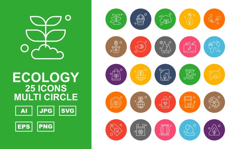 Download Набор иконок "25 Premium Ecology Multi Circle Icon Set" / 25 Premium Ecology Multi Circle Icon Set - Набор иконок на тему nature plant,earth,station,radiation,leaf,power,drum,drop,tree,pot,plug,battery,bag,recycle,cloud,icon,icons