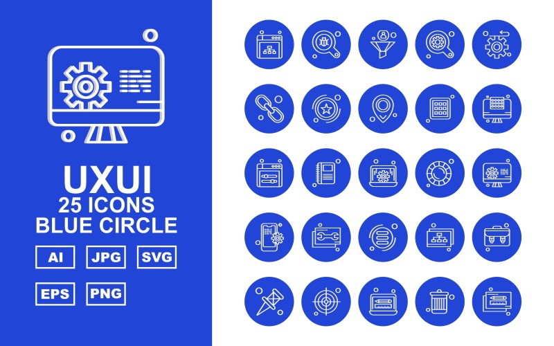 25 Преміум UXUI II Blue Circle Icon Set