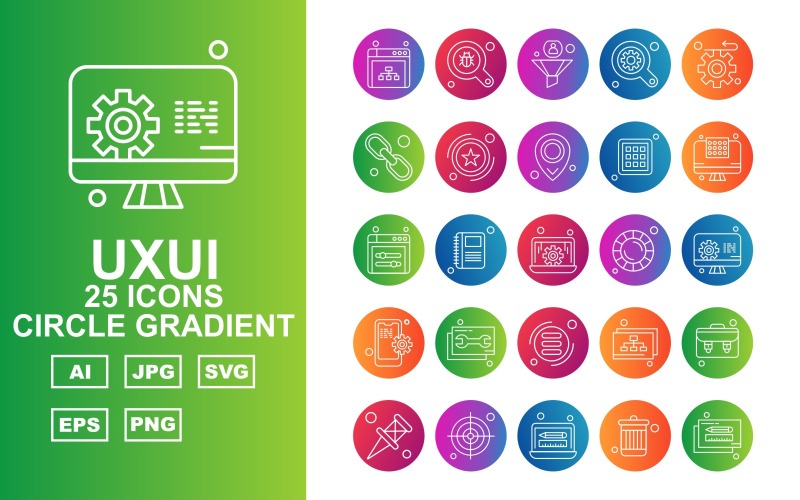 Download Набор иконок "25 Premium UXUI II Circle Gradient Icon Set" / 25 Premium UXUI II Circle Gradient Icon Set - Набор иконок на тему data browser,book,database,briefcase,pin,target,laptop,recycle,pencil,search,filter,find,gear,hyperlink,award,location,menu,display screen,icon