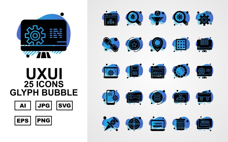 Download Набор иконок "25 Premium UXUI II Glyph Bubble Icon Set" / 25 Premium UXUI II Glyph Bubble Icon Set - Набор иконок на тему data browser,book,database,briefcase,pin,target,laptop,recycle,pencil,search,filter,find,gear,hyperlink,award,location,menu,display screen,icon