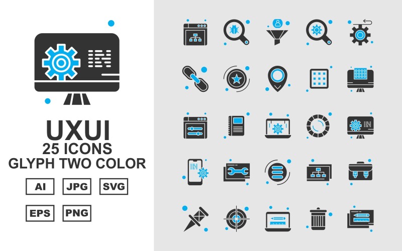 Download Набор иконок "25 Premium UXUI II Glyph Two Color Icon Set" / 25 Premium UXUI II Glyph Two Color Icon Set - Набор иконок на тему data browser,book,database,briefcase,pin,target,laptop,recycle,pencil,search,filter,find,gear,hyperlink,award,location,menu,display screen,icon