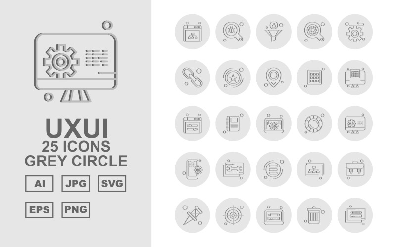 Download Набор иконок "25 Premium UXUI II Grey Circle Icon Set" / 25 Premium UXUI II Grey Circle Icon Set - Набор иконок на тему data browser,book,database,briefcase,pin,target,laptop,recycle,pencil,search,filter,find,gear,hyperlink,award,location,menu,display screen,icon
