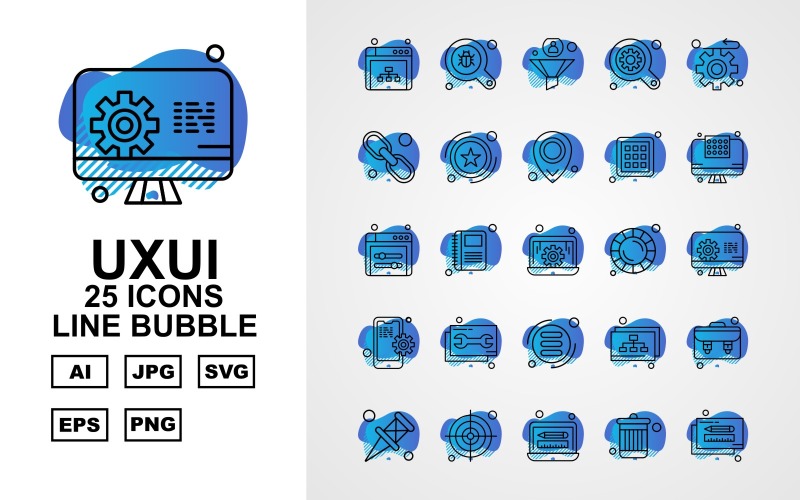 Download Набор иконок "25 Premium UXUI II Line Bubble Icon Set" / 25 Premium UXUI II Line Bubble Icon Set - Набор иконок на тему data browser,book,database,briefcase,pin,target,laptop,recycle,pencil,search,filter,find,gear,hyperlink,award,location,menu,display screen,icon