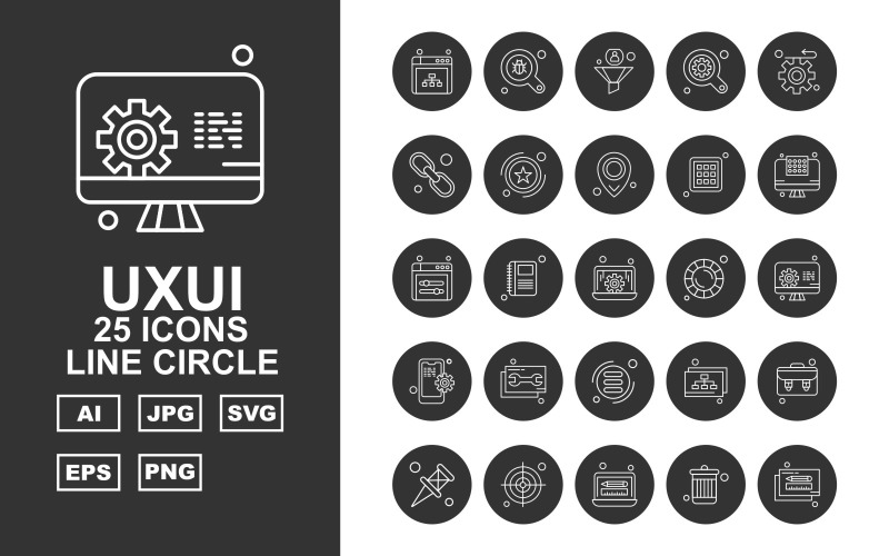 Download Набор иконок "25 Premium UXUI II Line Circle Icon Set" / 25 Premium UXUI II Line Circle Icon Set - Набор иконок на тему data browser,book,database,briefcase,pin,target,laptop,recycle,pencil,search,filter,find,gear,hyperlink,award,location,menu,display screen,icon