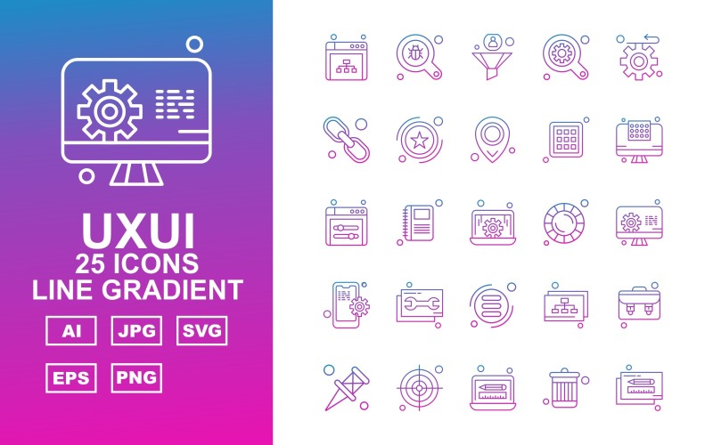Download Набор иконок "25 Premium UXUI II Line Gradient Icon Set" / 25 Premium UXUI II Line Gradient Icon Set - Набор иконок на тему data browser,book,database,briefcase,pin,target,laptop,recycle,pencil,search,filter,find,gear,hyperlink,award,location,menu,display screen,icon