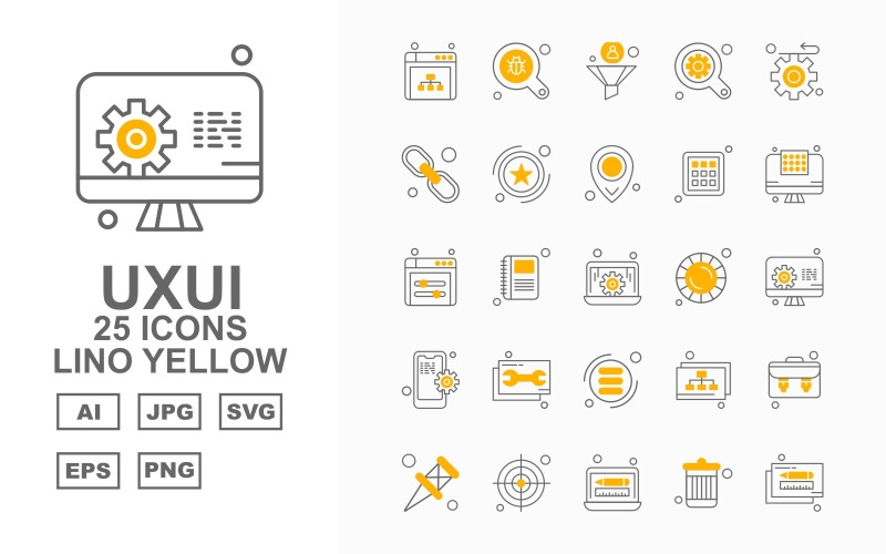 Download Набор иконок "25 Premium UXUI II Lino Yellow Icon Set" / 25 Premium UXUI II Lino Yellow Icon Set - Набор иконок на тему data browser,book,database,briefcase,pin,target,laptop,recycle,pencil,search,filter,find,gear,hyperlink,award,location,menu,display screen,icon