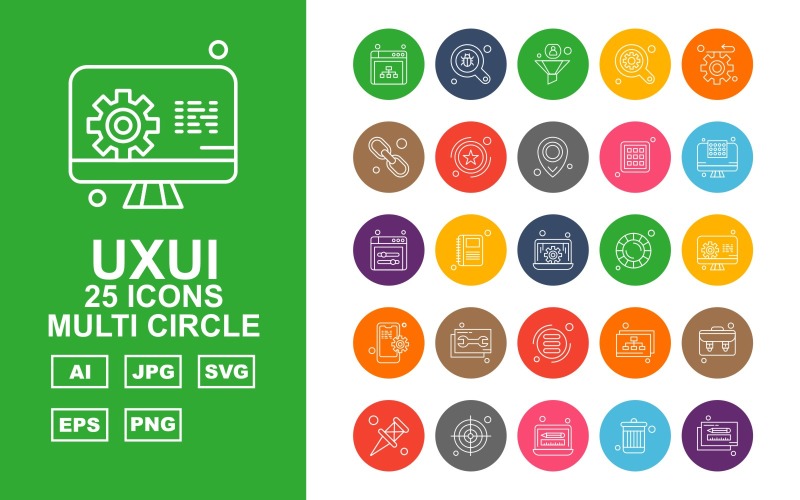 Download Набор иконок "25 Premium UXUI II Multi Circle Icon Set" / 25 Premium UXUI II Multi Circle Icon Set - Набор иконок на тему data browser,book,database,briefcase,pin,target,laptop,recycle,pencil,search,filter,find,gear,hyperlink,award,location,menu,display screen,icon