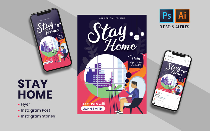 Stay Home Instagram Post & Stories Modèle de médias sociaux