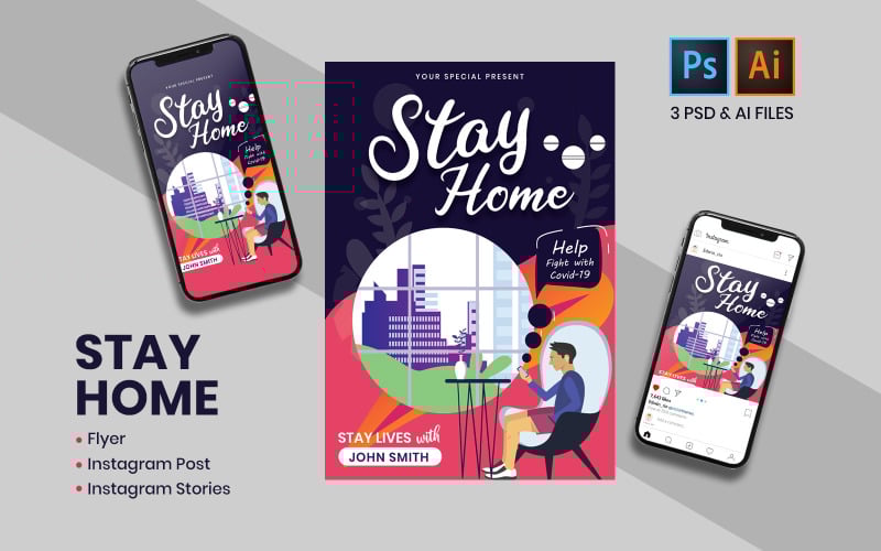 Download Шаблон для соцсетей "Stay Home Instagram Post &amp; Stories Social Media Template" / Stay Home Instagram Post &amp; Stories Social Media Template - Шаблон для соцсетей на тему графика quarantine,flu,virus,post,information,prevention,home,precaution,isolated,positive,epidemic,communication,widener,people,campaign,awareness,indoor,text,activity,support