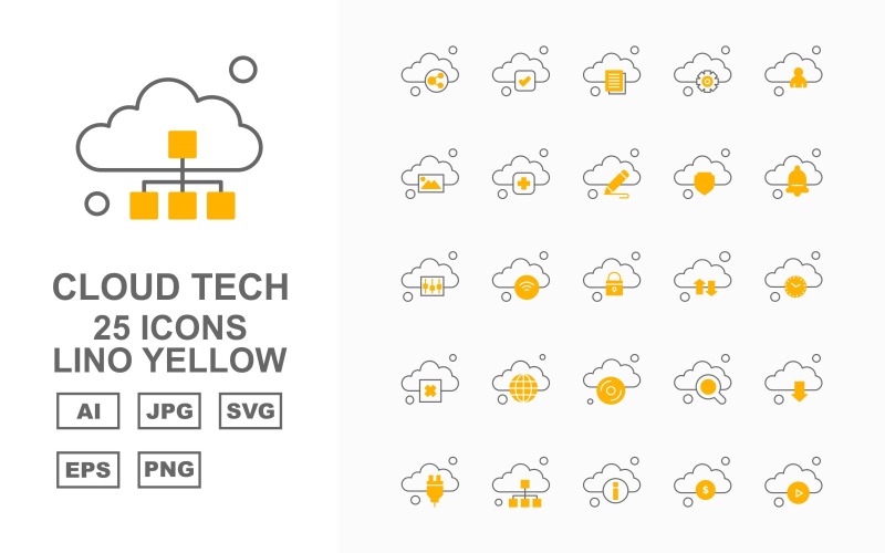 25 Conjunto de ícones amarelos Premium Cloud Tech Lino
