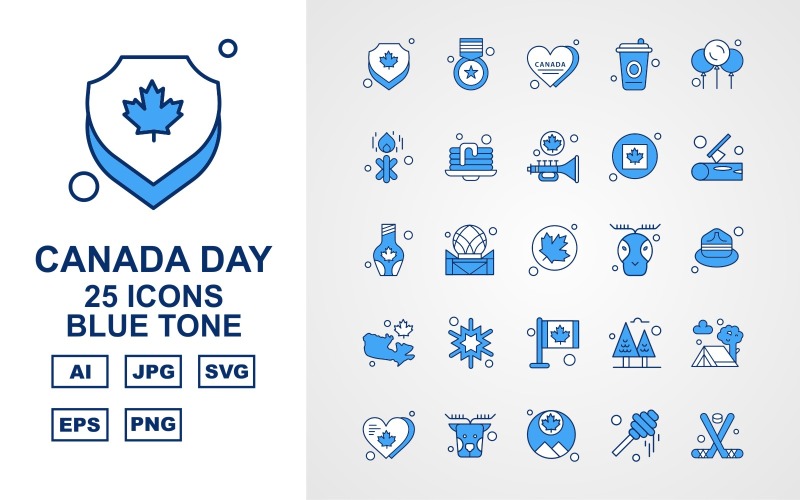 Conjunto de iconos de tono azul de 25 días premium de Canadá
