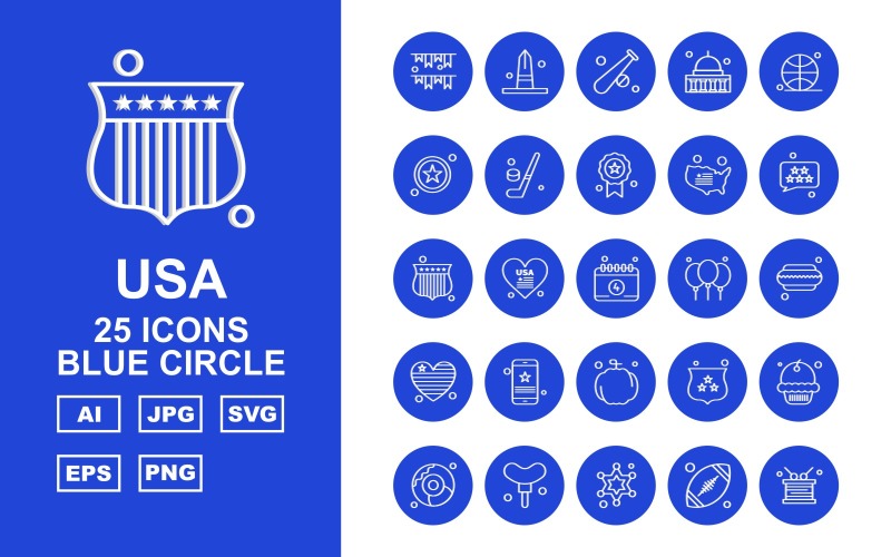 Ensemble d'icônes de 25 cercle bleu premium USA