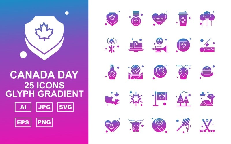 Download Набор иконок "25 Premium Canada day Glyph Gradient Icon Set" / 25 Premium Canada day Glyph Gradient Icon Set - Набор иконок на тему flags maple,dome,alpine,camping,heart,reindeer,flag,autumn,hockey,badge,drink,balloon,fire,cake,speaker,ax,bottle,icon,icons