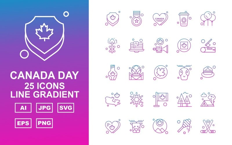 25 Premium Canada Day Line Gradient Icon Set