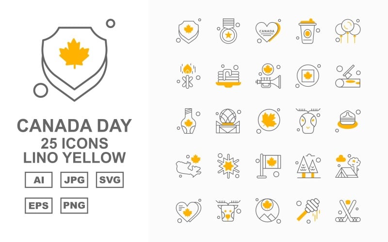 Download Набор иконок "25 Premium Canada day Lino Yellow Icon Set" / 25 Premium Canada day Lino Yellow Icon Set - Набор иконок на тему flags maple,dome,alpine,camping,heart,reindeer,flag,autumn,hockey,badge,drink,balloon,fire,cake,speaker,ax,bottle,icon,icons