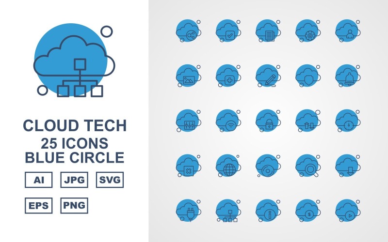 Download Набор иконок "25 Premium Cloud Tech Blue Circle Icon Set" / 25 Premium Cloud Tech Blue Circle Icon Set - Набор иконок на тему data link,wifi,search,download,plug,database,information,dollar,play,tick,document,setting,man,gallery,add,pencil,shield,bell,option,icon