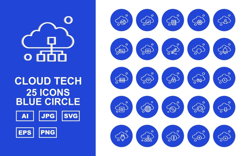 Download Набор иконок "25 Premium Cloud Tech Blue Circle Icon Set" / 25 Premium Cloud Tech Blue Circle Icon Set - Набор иконок на тему data link,wifi,search,download,plug,database,information,dollar,play,tick,document,setting,man,gallery,add,pencil,shield,bell,option,icon