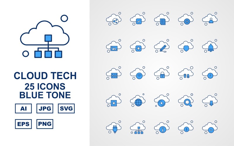 Download Набор иконок "25 Premium Cloud Tech Blue Tone Icon Set" / 25 Premium Cloud Tech Blue Tone Icon Set - Набор иконок на тему data link,wifi,search,download,plug,database,information,dollar,play,tick,document,setting,man,gallery,add,pencil,shield,bell,option,icon