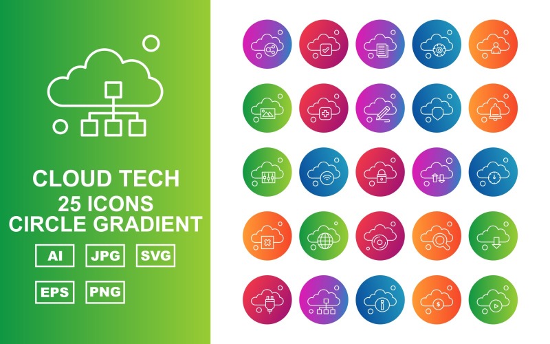 Download Набор иконок "25 Premium Cloud Tech Circle Gradient Icon Set" / 25 Premium Cloud Tech Circle Gradient Icon Set - Набор иконок на тему data link,wifi,search,download,plug,database,information,dollar,play,tick,document,setting,man,gallery,add,pencil,shield,bell,option,icon