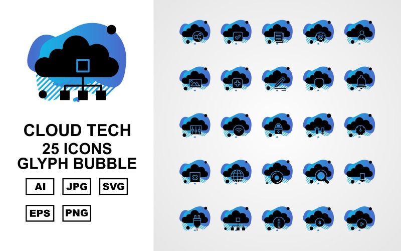 Download Набор иконок "25 Premium Cloud Tech Glyph Bubble Icon Set" / 25 Premium Cloud Tech Glyph Bubble Icon Set - Набор иконок на тему data link,wifi,search,download,plug,database,information,dollar,play,tick,document,setting,man,gallery,add,pencil,shield,bell,option,icon